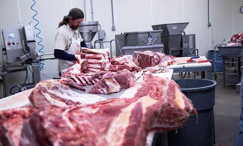 Employee cuts fresh beef meat into large pieces at the First Capitol Meat Processing plant in Corydon, Indiana U.S. January 31, 2022. REUTERS/Amira Karaoud