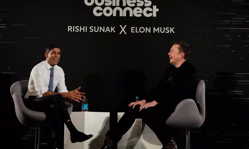 British Prime Minister Rishi Sunak attends an in-conversation event with Tesla and SpaceX's CEO Elon Musk in London, Britain, Thursday, Nov. 2, 2023. Kirsty Wigglesworth/Pool via REUTERS/File Photo