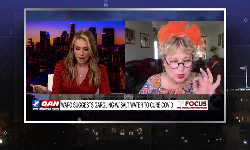 Video still from In Focus on One America News Network showing a split screen of the host on the left side, and on the right side is the guest, Victoria Jackson.