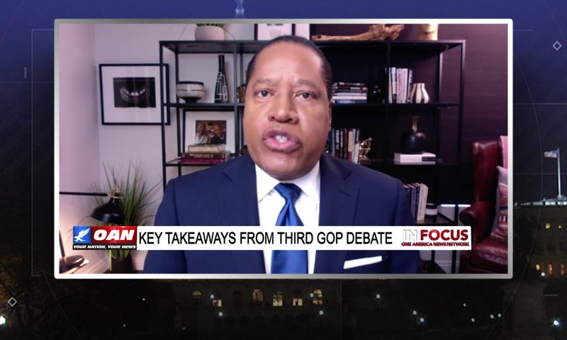 Video still from In Focus on One America News Network during an interview with the guest, Larry Elder.