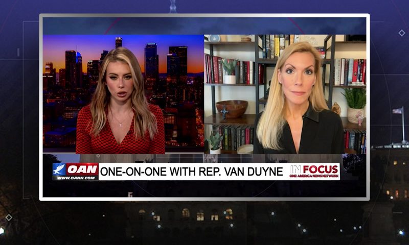 Video still from In Focus on One America News Network showing a split screen of the host on the left side, and on the right side is the guest, Rep. Beth Van Duyne.