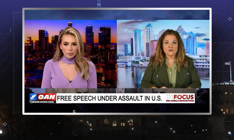 Video still from In Focus on One America News Network showing a split screen of the host on the left side, and on the right side is the guest, Krisanne Hall.