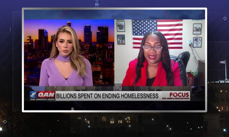 Video still from In Focus on One America News Network showing a split screen of the host on the left side, and on the right side is the guest, Lavern Spicer.
