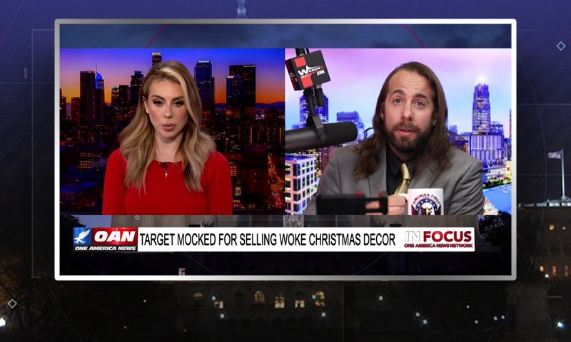 Video still from In Focus on One America News Network showing a split screen of the host on the left side, and on the right side is the guest, Jess Weber.