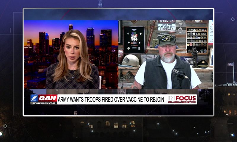 Video still from In Focus on One America News Network showing a split screen of the host on the left side, and on the right side is the guest, Teddy Daniels.
