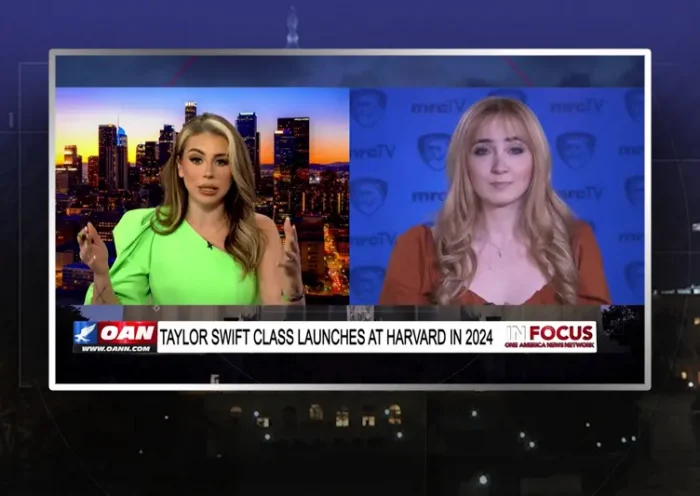 Video still from In Focus on One America News Network showing a split screen of the host on the left side, and on the right side is the guest, Tierin-Rose Mandelburg.