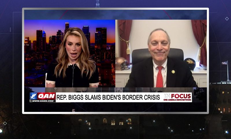 Video still from In Focus on One America News Network showing a split screen of the host on the left side, and on the right side is the guest, Rep. Andy Biggs.