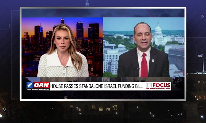 Video still from In Focus on One America News Network showing a split screen of the host on the left side, and on the right side is the guest, Rep. Bob Good.