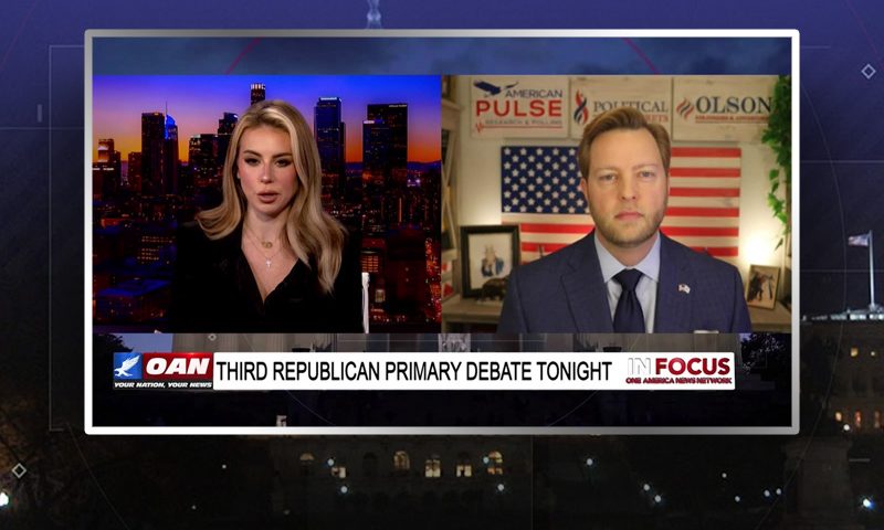 Video still from In Focus on One America News Network showing a split screen of the host on the left side, and on the right side is the guest, Dustin Olson.