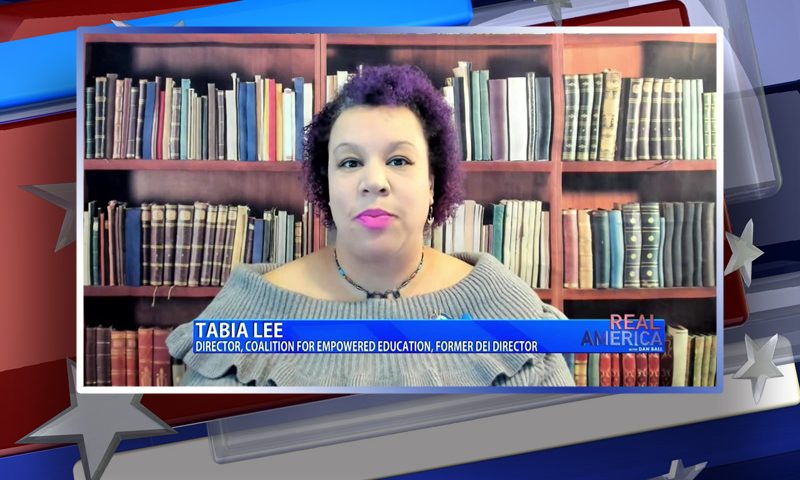 Video still from Real America on One America News Network during an interview with the guest, Tabia Lee.