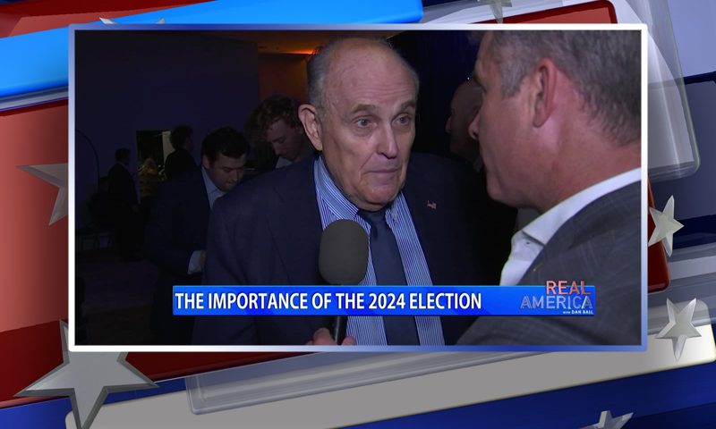 Video still from Real America on One America News Network during an interview with the guest, Rudy Giuliani.