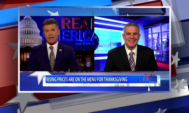Video still from Real America on One America News Network showing a split screen of the host on the left side, and on the right side is the guest, Dan Geltrude.