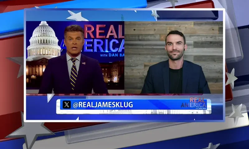 Video still from Real America on One America News Network showing a split screen of the host on the left side, and on the right side is the guest, James Klug.