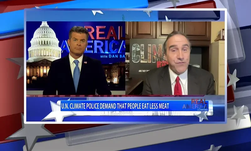 Video still from Real America on One America News Network showing a split screen of the host on the left side, and on the right side is the guest, Marc Morano.
