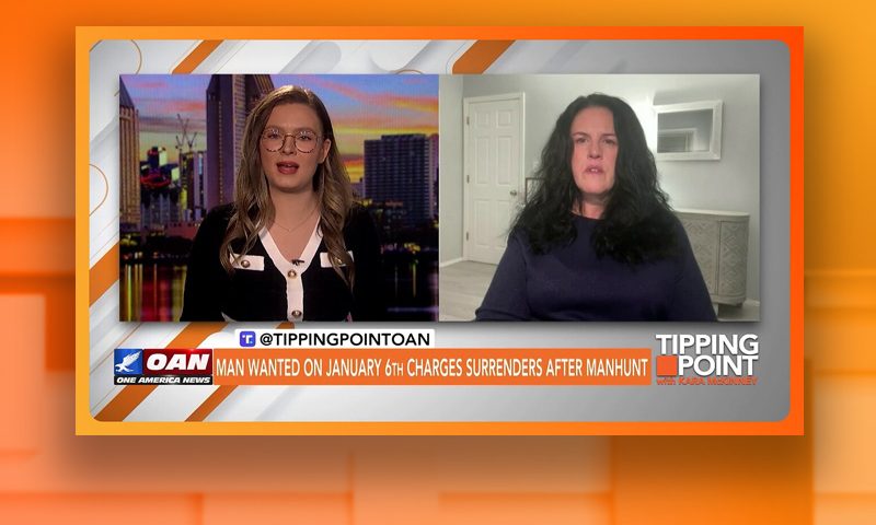 Video still from Tipping Point on One America News Network showing a split screen of the host on the left side, and on the right side is the guest, Cynthia Hughes.