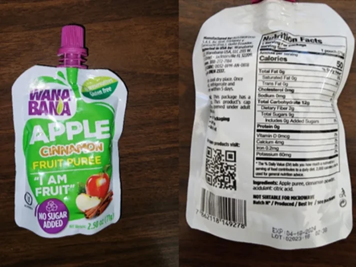  This photo provided by the U.S. Food and Drug Administration on Oct. 28, 2023, shows a WanaBana apple cinnamon fruit puree pouch. On Monday, Nov. 13, 2023, U.S. health officials are warning doctors to be on the lookout for possible cases of lead poisoning in children after at least 22 toddlers in 14 states were sickened by lead linked to tainted pouches of cinnamon apple puree and applesauce. Brands include WanaBana brand apple cinnamon fruit puree and Schnucks and Weis brand cinnamon applesauce pouches. The products were sold in stores and online. (FDA via AP, File)