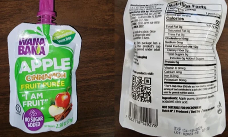 This photo provided by the U.S. Food and Drug Administration on Oct. 28, 2023, shows a WanaBana apple cinnamon fruit puree pouch. On Monday, Nov. 13, 2023, U.S. health officials are warning doctors to be on the lookout for possible cases of lead poisoning in children after at least 22 toddlers in 14 states were sickened by lead linked to tainted pouches of cinnamon apple puree and applesauce. Brands include WanaBana brand apple cinnamon fruit puree and Schnucks and Weis brand cinnamon applesauce pouches. The products were sold in stores and online. (FDA via AP, File)