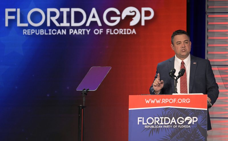 Florida Party of Florida Chairman Christian Ziegler addresses attendees at the Republican Party of Florida Freedom Summit, Nov. 4, 2023, in Kissimmee, Fla. The Republican Party of Florida suspended Ziegler and demanded his resignation during an emergency meeting Sunday, Dec. 17, adding to calls by Gov. Ron DeSantis and other top officials for him to step down as police investigate a rape accusation against him. (AP Photo/Phelan M. Ebenhack)