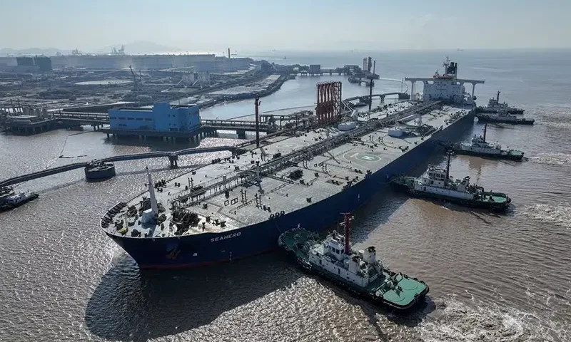 An aerial view shows a crude oil tanker at an oil terminal off Waidiao island in Zhoushan, Zhejiang province, China January 4, 2023. China Daily via REUTERS