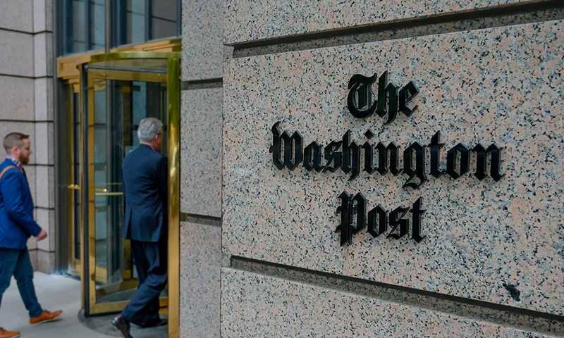 TOPSHOT - The building of the Washington Post newspaper headquarter is seen on K Street in Washington DC on May 16, 2019. - The Washington Post is a major American daily newspaper published in Washington, D.C., with a particular emphasis on national politics and the federal government. It has the largest circulation in the Washington metropolitan area. (Photo by Eric BARADAT / AFP) (Photo by ERIC BARADAT/AFP via Getty Images)