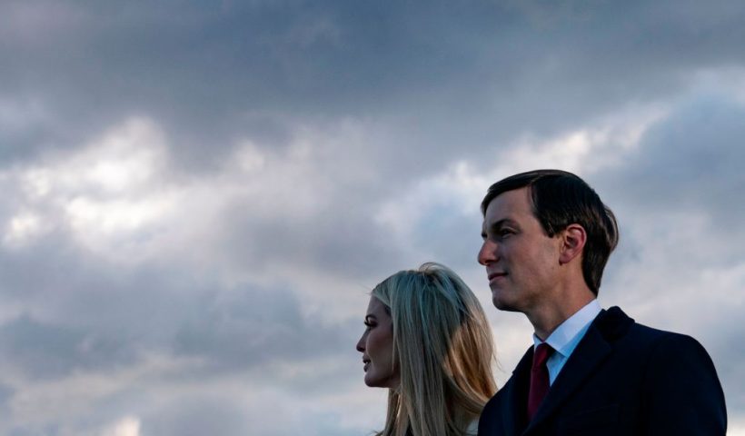 Daughter and Senior Advisor to the Outgoing US President Ivanka Trump and husband Senior Advisor to the Outgoing President Jared Kushner stand on the tarmac at Joint Base Andrews in Maryland as they attend US President Donald Trump's departure on January 20, 2021. - President Trump and the First Lady travel to their Mar-a-Lago golf club residence in Palm Beach, Florida, and will not attend the inauguration for President-elect Joe Biden. (Photo by ALEX EDELMAN / AFP) (Photo by ALEX EDELMAN/AFP via Getty Images)