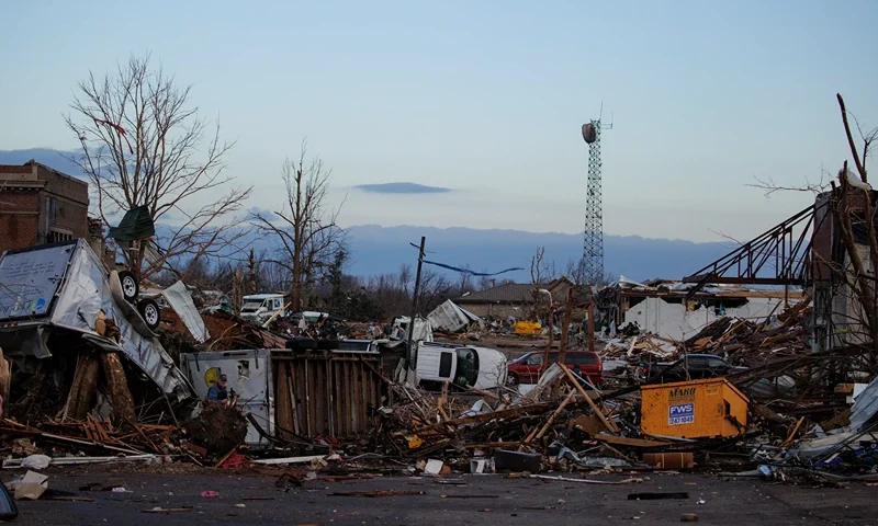 MAYFIELD, KY - DECEMBER 11: Heavy damage is seen downtown after a tornado swept through the area on December 11, 2021 in Mayfield, Kentucky. Multiple tornadoes tore through parts of the lower Midwest late on Friday night leaving a large path of destruction and unknown fatalities. (Photo by Brett Carlsen/Getty Images)