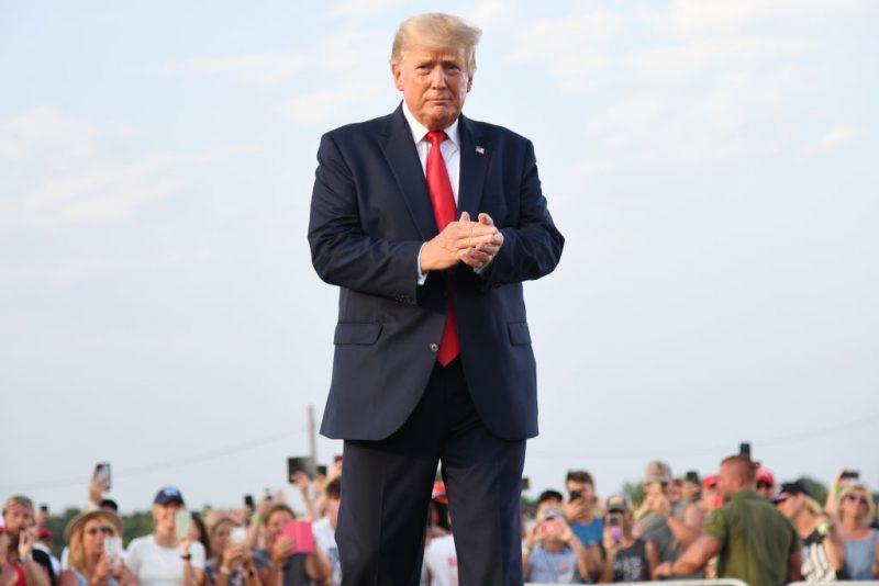 MENDON, IL - JUNE 25: Donald Trump arrives to give remarks during a Save America Rally with former US President Donald Trump at the Adams County Fairgrounds on June 25, 2022 in Mendon, Illinois. Trump will be stumping for Rep. Mary Miller in an Illinois congressional primary and it will be Trump's first rally since the United States Supreme Court struck down Roe v. Wade on Friday. (Photo by Michael B. Thomas/Getty Images)