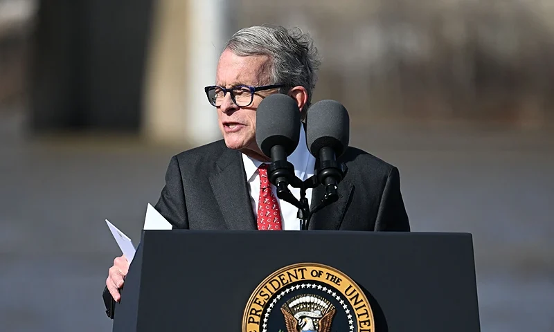Ohio Governor Mike DeWine speaks next to the Clay Wade Bailey Bridge in Covington, Kentucky, on January 4, 2023. (Photo by Jim WATSON / AFP) (Photo by JIM WATSON/AFP via Getty Images)