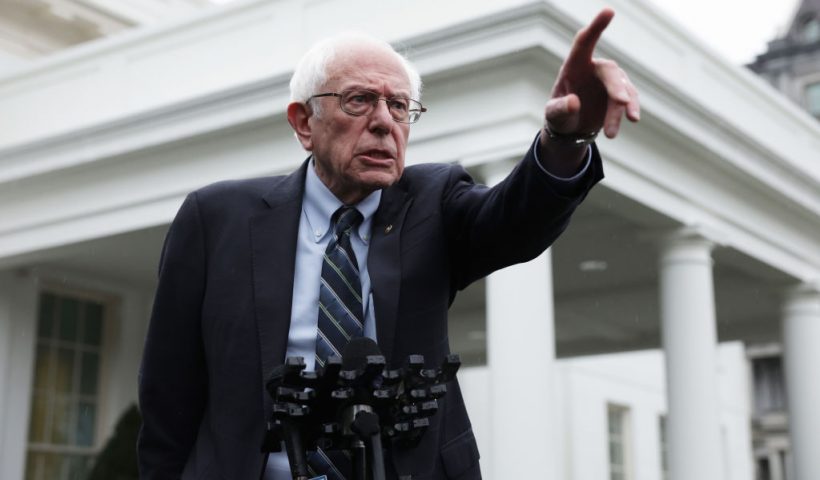 WASHINGTON, DC - JANUARY 25: U.S. Sen. Bernie Sanders (I-VT) speaks to members of the press outside the West Wing of the White House on January 25, 2023 in Washington, DC. Sen. Sanders had a meeting with President Joe Biden earlier. (Photo by Alex Wong/Getty Images)