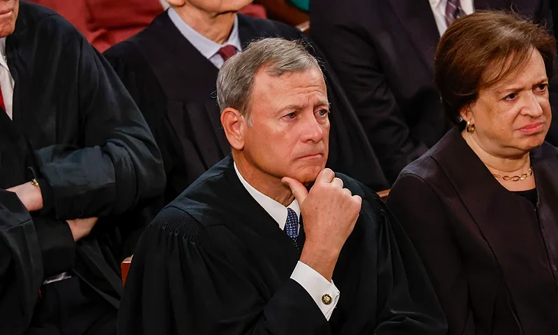 WASHINGTON, DC - FEBRUARY 07: U.S. Chief Justice of the United States John Roberts and U.S. Supreme Court Justice Elena Kagan listen as U.S. President Joe Biden delivers his State of the Union address during a joint meeting of Congress in the House Chamber of the U.S. Capitol on February 07, 2023 in Washington, DC. The speech marks Biden's first address to the new Republican-controlled House. (Photo by Chip Somodevilla/Getty Images)