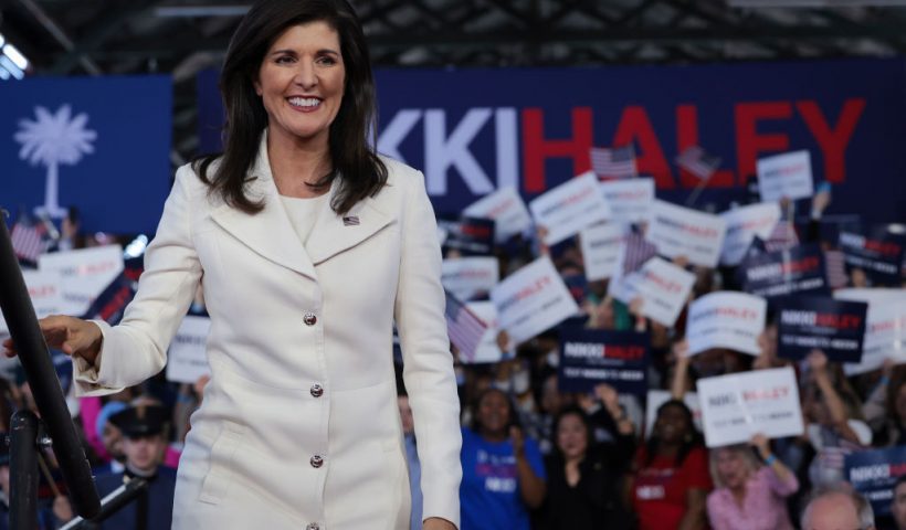 CHARLESTON, SOUTH CAROLINA - FEBRUARY 15: Republican presidential candidate Nikki Haley arrives on stage at her first campaign event on February 15, 2023 in Charleston, South Carolina. Former South Carolina Governor and United Nations ambassador Haley, officially announced her candidacy yesterday, making her the first Republican opponent to challenge former U.S. President Donald Trump. (Photo by Win McNamee/Getty Images)