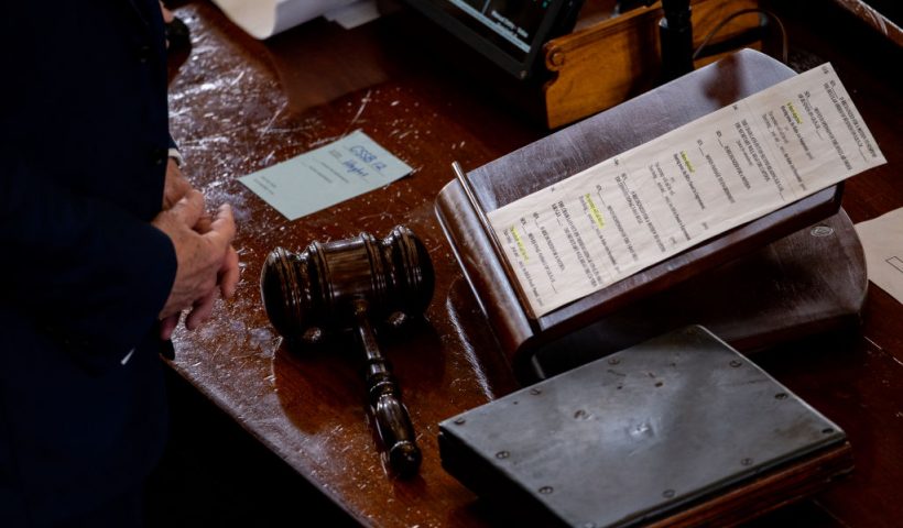 AUSTIN, TEXAS - APRIL 04: A gavel and hearing notes are seen during a debate in the Senate chamber at the Texas state Capitol on April 04, 2023 in Austin, Texas. Legislators gathered to discuss and debate bills SB 12 and SB 1601. The bills seek to defund public libraries that host Drag Storytime events, and restrict all Drag performances in the presence of minors-constituting such events as sensual and sexual in nature. (Photo by Brandon Bell/Getty Images)