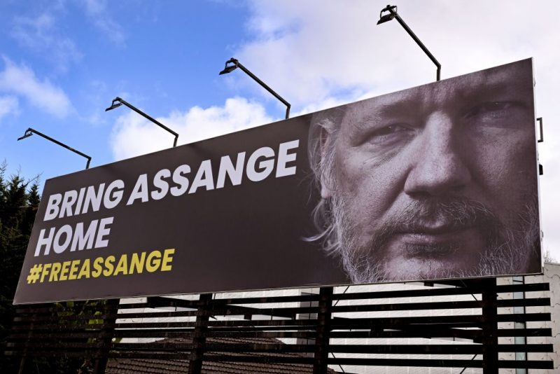 A giant billboard in Melbourne on September 5, 2023 calls for the release of WikiLeaks founder, Australian Julian Assange. A multi-party delegation of Australian federal MPs and senators will travel to Washington DC in September as part of the campaign to release Assange. (Photo by William WEST / AFP) (Photo by WILLIAM WEST/AFP via Getty Images)