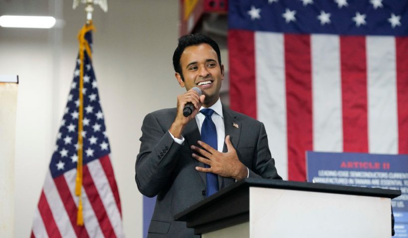 NEW ALBANY, OHIO - SEPTEMBER 21: U.S. presidential candidate Vivek Ramaswamy speaks at a campaign stop on September 21, 2023 at Axium Plastics, a packaging manufacturer, in New Albany, Ohio. Ramaswamy's speech, titled "How to Declare Independence From Communist China", detailed how the United States can move vital supply chains, including defense and pharmaceuticals, away from Chinese facilities. (Photo by Andrew Spear/Getty Images)