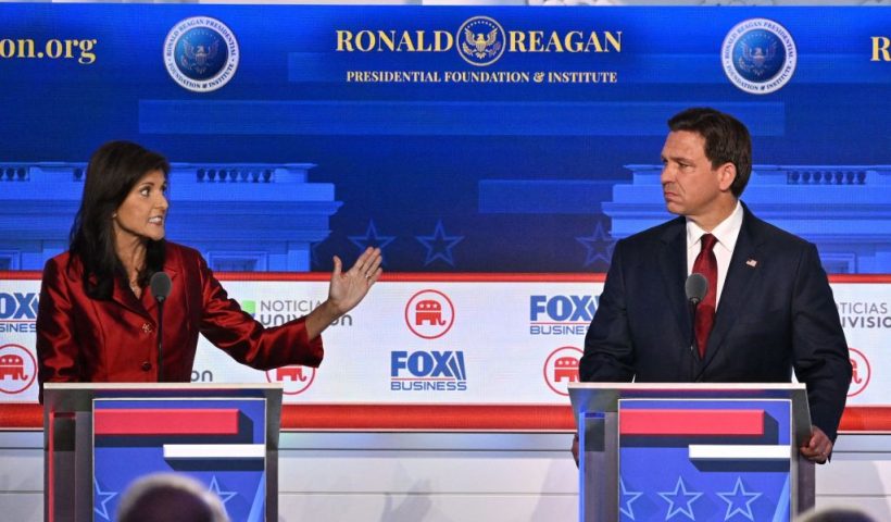 TOPSHOT - Former Governor from South Carolina and UN ambassador Nikki Haley gestures toward Florida Governor Ron DeSantis during the second Republican presidential primary debate at the Ronald Reagan Presidential Library in Simi Valley, California, on September 27, 2023. (Photo by Robyn BECK / AFP) (Photo by ROBYN BECK/AFP via Getty Images)