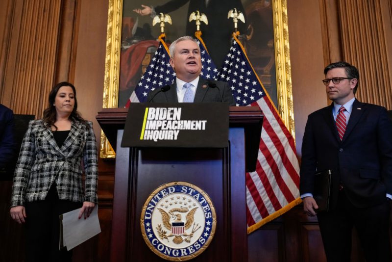 WASHINGTON, DC - NOVEMBER 29: Flanked by, L-R, Rep. Elise Stefanik (R-NY) and U.S. Speaker of the House Mike Johnson (R-LA), Rep. James Comer (R-KY) speaks during a news conference with House Republican leadership at the U.S. Capitol November 29, 2023 in Washington, DC. The House Republican leadership spoke on a range of issues, including their impeachment inquiry into U.S. President Joe Biden. (Photo by Drew Angerer/Getty Images)