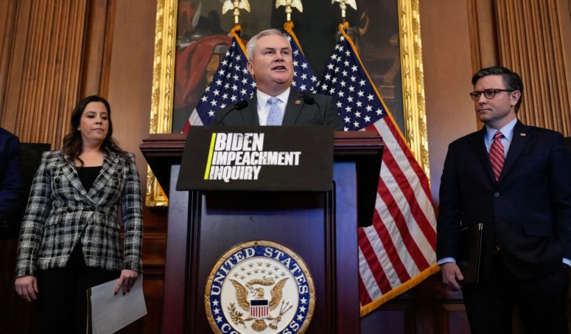 WASHINGTON, DC - NOVEMBER 29: Flanked by, L-R, Rep. Elise Stefanik (R-NY) and U.S. Speaker of the House Mike Johnson (R-LA), Rep. James Comer (R-KY) speaks during a news conference with House Republican leadership at the U.S. Capitol November 29, 2023 in Washington, DC. The House Republican leadership spoke on a range of issues, including their impeachment inquiry into U.S. President Joe Biden. (Photo by Drew Angerer/Getty Images)