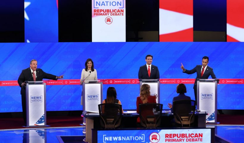 TUSCALOOSA, ALABAMA - DECEMBER 06: Republican presidential candidates (L-R) former New Jersey Gov. Chris Christie, former U.N. Ambassador Nikki Haley, Florida Gov. Ron DeSantis and Vivek Ramaswamy participate in the NewsNation Republican Presidential Primary Debate at the University of Alabama Moody Music Hall on December 6, 2023 in Tuscaloosa, Alabama. The four presidential hopefuls squared off during the fourth Republican primary debate without current frontrunner and former U.S. President Donald Trump, who has declined to participate in any of the previous debates. (Photo by Justin Sullivan/Getty Images)