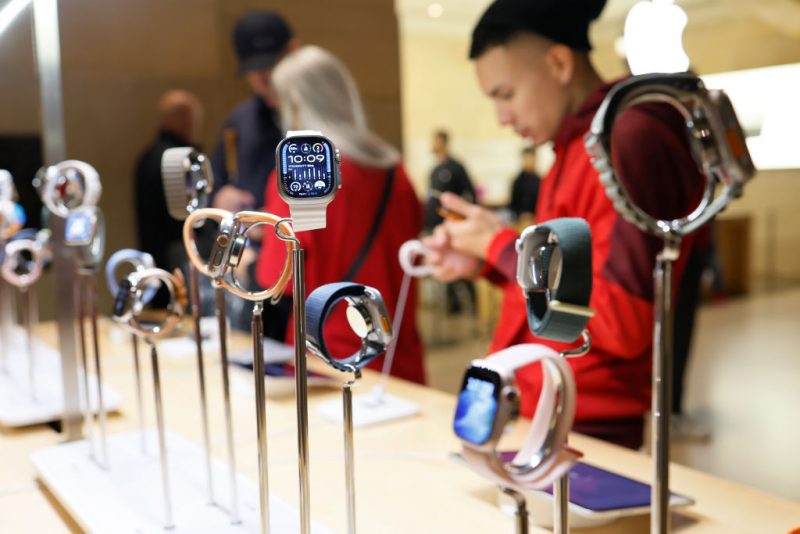 NEW YORK, NEW YORK - DECEMBER 18: Apple watches are seen on display at the Apple Store in Grand Central Station on December 18, 2023 in New York City. Apple announced that it will halt the sale of its Apple Watch Series 9 and Apple Watch Ultra 2 in the U.S. as early as this week. The decision comes from an ongoing dispute with medical technology company Masimo over its blood oxygen feature. The company has said that a review period is underway with the International Trade Commission related to Apple Watch devices containing a blood oxygen feature. (Photo by Michael M. Santiago/Getty Images)