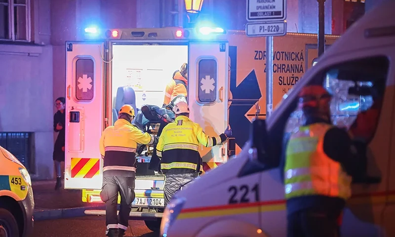 PRAGUE, CZECH REPUBLIC - DECEMBER 21: Paramedics load a stretcher into an ambulance van at the location of the shooting on December 21, 2023 in Prague, Czech Republic. A shooting leaves several dead and dozens injured in a university building in central Prague, with police confirming the gunman dead. (Photo by Gabriel Kuchta/Getty Images)