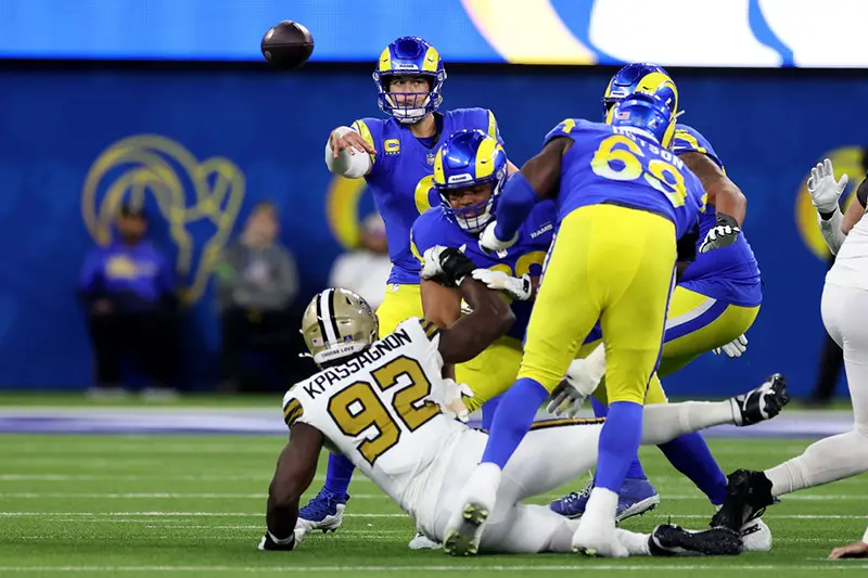 Matthew Stafford #9 of the Los Angeles Rams throws a pass against the New Orleans Saints during the first quarter of the game at SoFi Stadium on December 21, 2023 in Inglewood, California. (Photo by Sean M. Haffey/Getty Images)