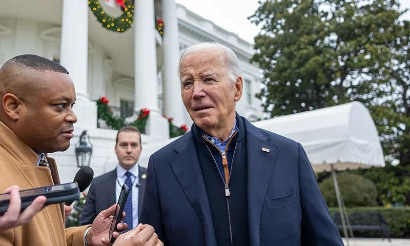 WASHINGTON, DC - DECEMBER 23: U.S. President Joe Biden talks to the press before boarding Marine One on the south lawn of the White House on December 23, 2023 in Washington, DC. President Biden will spend the holidays with family at Camp David. (Photo by Tasos Katopodis/Getty Images)