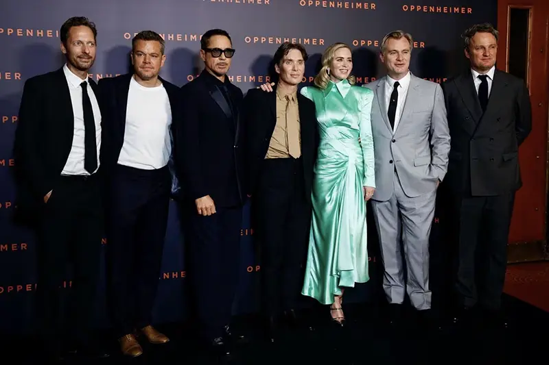 Cast members Trond Fausa Aurvag, Matt Damon, Robert Downey Jr., Cillian Murphy, Emily Blunt, Jason Clarke, and Director Christopher Nolan pose during a photocall before the premiere of the film "Oppenheimer" at the Grand Rex in Paris, France, July 11, 2023. REUTERS/Sarah Meyssonnier/File Photo
