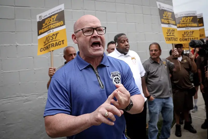 Sean O'Brien, President of the International Brotherhood of Teamsters, speaks outside of a UPS Distribution Center in Brooklyn, New York, U.S., July 14, 2023. REUTERS/Brendan McDermid/File Photo