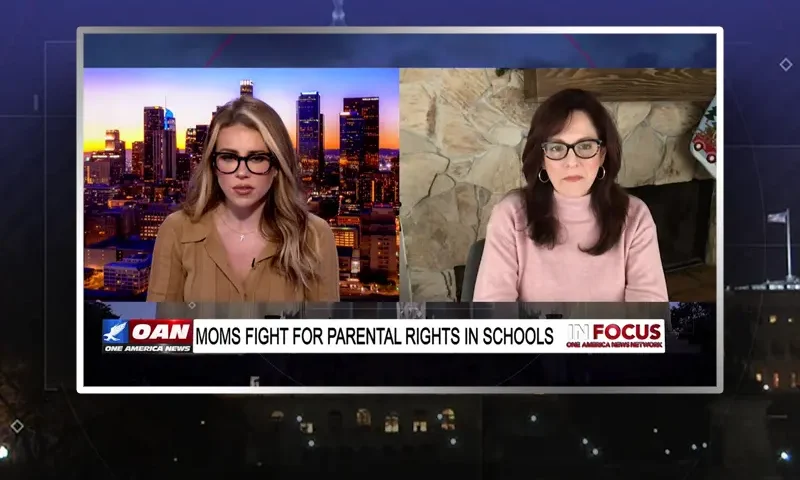Video still from In Focus on One America News Network showing a split screen of the host on the left side, and on the right side is the guest, Tiffany Justice.
