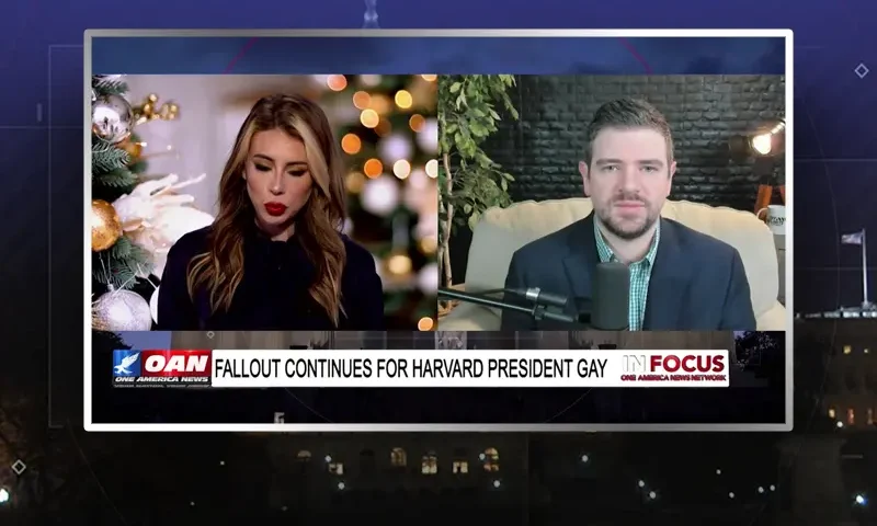 Video still from In Focus on One America News Network showing a split screen of the host on the left side, and on the right side is the guest, Ian Haworth.