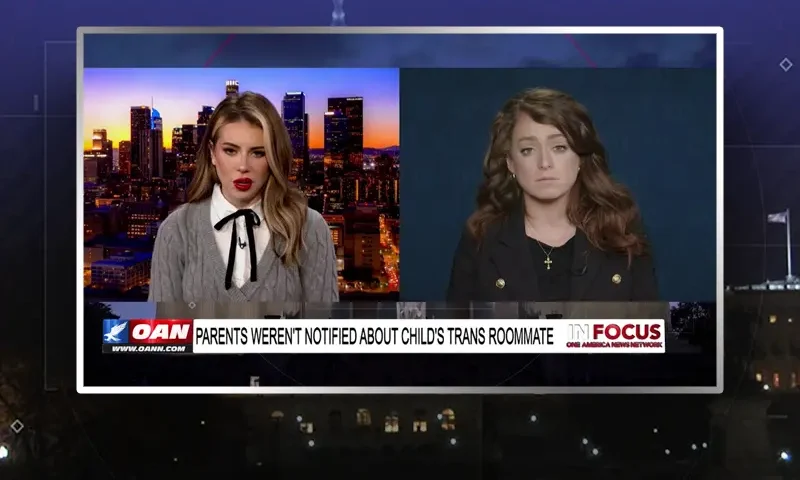 Video still from In Focus on One America News Network showing a split screen of the host on the left side, and on the right side is the guest, Mary Margaret Olohan.