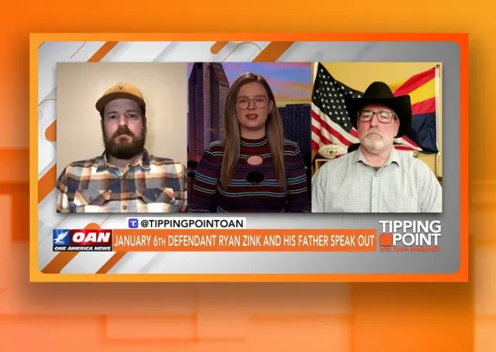 Video still from Tipping Point on One America News Network showing a split screen of the host in the middle, guest Jeff Zink on the left side, and on the right side is Ryan Zink.
