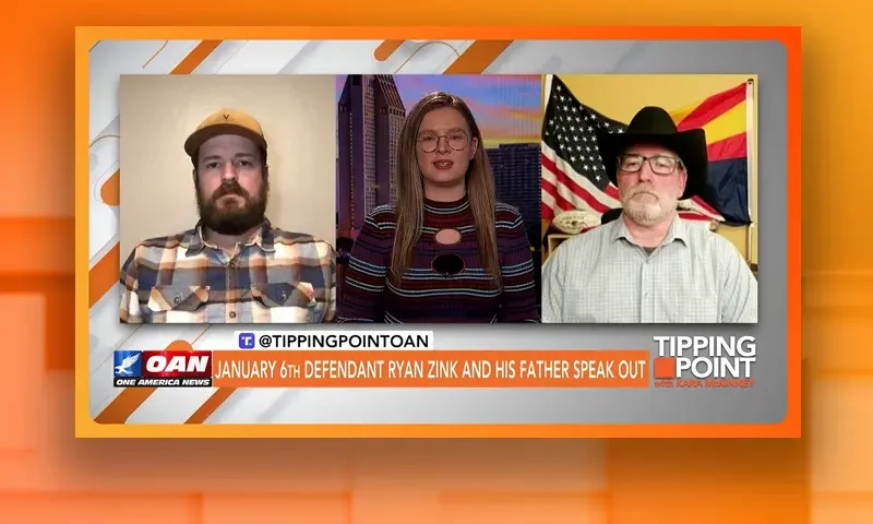 Video still from Tipping Point on One America News Network showing a split screen of the host in the middle, guest Jeff Zink on the left side, and on the right side is Ryan Zink.