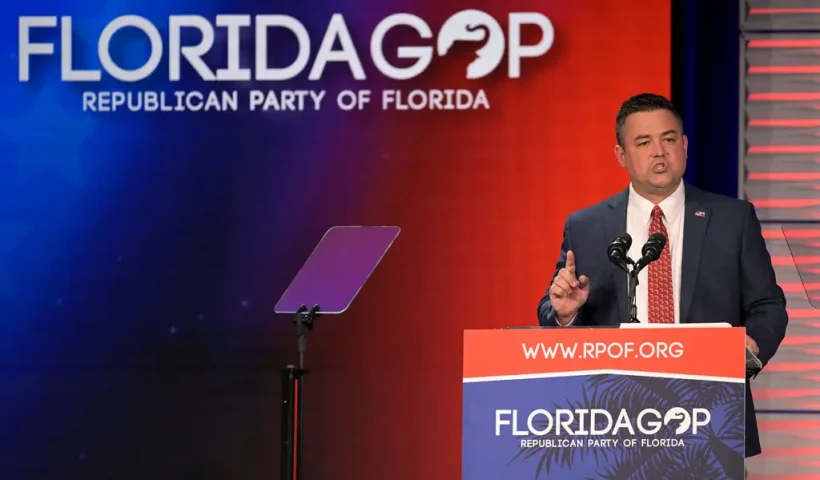 Christian Ziegler, who was ousted on Monday as chairman of the Republican Party of Florida, addressing the party’s Freedom Summit in November. Credit...Phelan M. Ebenhack/Associated Press